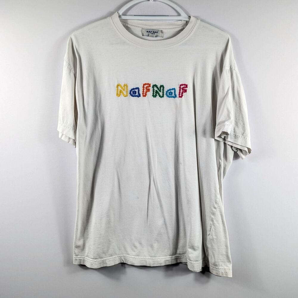 Naf Naf League T.2 Vintage Embroidered Spellout Logo White T-Shirt French 90s